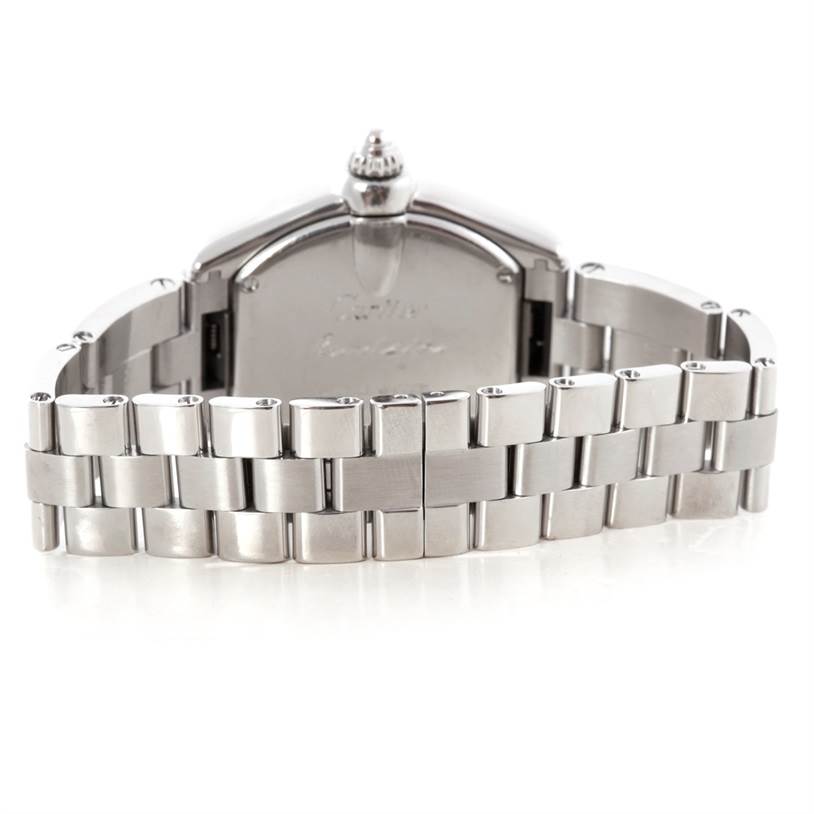 The image shows the stainless steel bracelet and the back of the case of a Cartier Roadster W62016V3 Women's Stainless Steel Silver Dial W62016V3 Women's Stainless Steel Silver Dial watch.