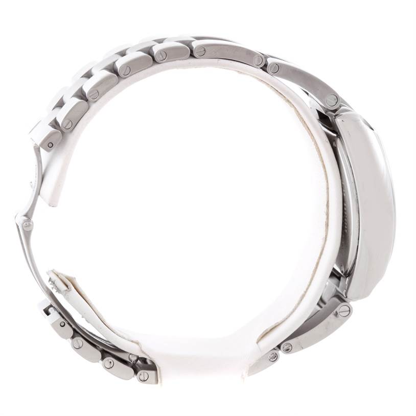 This image shows a side profile of the Cartier Roadster W62016V3 Women's Stainless Steel Silver Dial W62016V3 Women's Stainless Steel Silver Dial model, highlighting the bracelet and watch case.