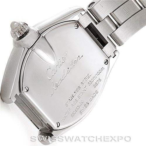 The image shows the back case and bracelet of the Cartier Roadster W62053V3 Women's Stainless Steel Blue Dial W62053V3 Women's Stainless Steel Blue Dial watch, highlighting the case back and part of the clasp.