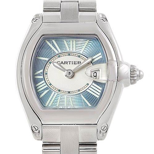 The image shows a front view of the Cartier Roadster W62053V3 Women's Stainless Steel Blue Dial W62053V3 Women's Stainless Steel Blue Dial watch, highlighting its face, bezel, bracelet, and crown.