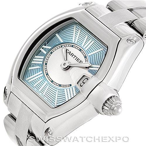 The image shows a close-up angle of the Cartier Roadster W62053V3 Women's Stainless Steel Blue Dial W62053V3 Women's Stainless Steel Blue Dial watch, focusing on the dial, bezel, and partial bracelet.
