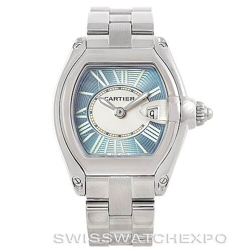 This image shows a frontal view of the Cartier Roadster W62053V3 Women's Stainless Steel Blue Dial W62053V3 Women's Stainless Steel Blue Dial watch, displaying its face, bezel, and part of the stainless steel bracelet.
