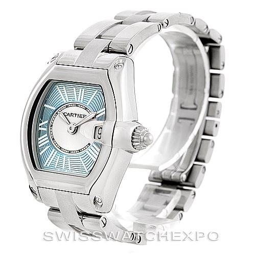 This image shows a Cartier Roadster W62053V3 Women's Stainless Steel Blue Dial W62053V3 Women's Stainless Steel Blue Dial watch at an angle highlighting its dial, bracelet, and crown.