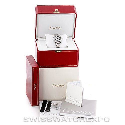 The image shows a Cartier Roadster W62016V3 Women's Stainless Steel Silver Dial W62016V3 Women's Stainless Steel Silver Dial watch at a front angle, along with its box, papers, and additional straps.