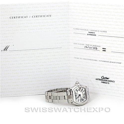 This image shows the Cartier Roadster W62016V3 Women's Stainless Steel Silver Dial W62016V3 Women's Stainless Steel Silver Dial watch at an angle with its certificate and documentation.
