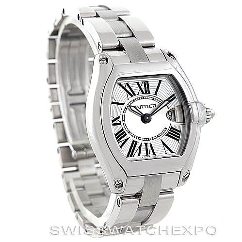 The image shows a Cartier Roadster W62016V3 Women's Stainless Steel Silver Dial W62016V3 Women's Stainless Steel Silver Dial watch at a three-quarter angle, highlighting its face, bracelet, and crown.
