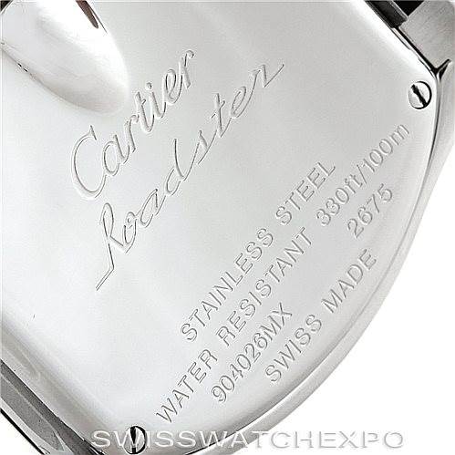 This image shows a close-up of the back case of a Cartier Roadster W62016V3 Women's Stainless Steel Silver Dial W62016V3 Women's Stainless Steel Silver Dial watch, displaying engravings and water resistance details.