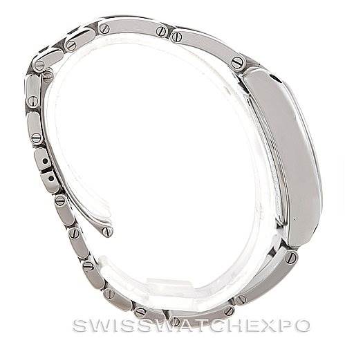 The image shows a side view of a Cartier Roadster W62016V3 Women's Stainless Steel Silver Dial W62016V3 Women's Stainless Steel Silver Dial watch, highlighting its case and metal bracelet.