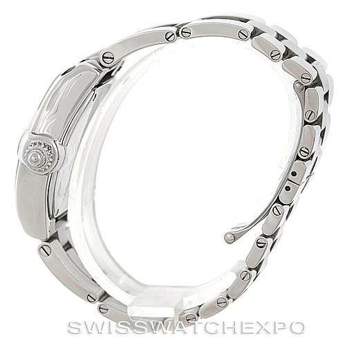 The image shows a side view of a Cartier Roadster W62016V3 Women's Stainless Steel Silver Dial W62016V3 Women's Stainless Steel Silver Dial watch, highlighting its case, crown, and metal bracelet.