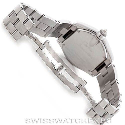 The image shows the backside and clasp of a Cartier Roadster W62016V3 Women's Stainless Steel Silver Dial W62016V3 Women's Stainless Steel Silver Dial watch, highlighting the bracelet and deployment clasp.