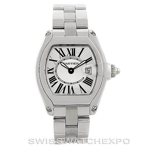 The image shows a front view of a Cartier Roadster W62016V3 Women's Stainless Steel Silver Dial W62016V3 Women's Stainless Steel Silver Dial watch, highlighting the face, bezel, and bracelet.
