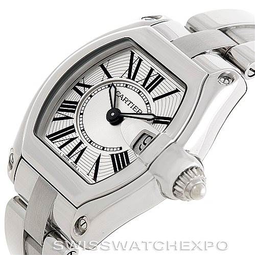 The image shows a Cartier Roadster W62016V3 Women's Stainless Steel Silver Dial W62016V3 Women's Stainless Steel Silver Dial watch from an angled side view, highlighting the crown, dial, and part of the bracelet.