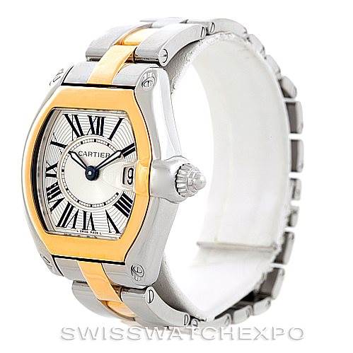 The image shows a Cartier Roadster W62026Y4 Women's Steel and Gold (two tone) Silver Dial W62026Y4 Women's Steel and Gold (two tone) Silver Dial watch from an angled view showcasing the dial, crown, and a partial view of the bracelet.