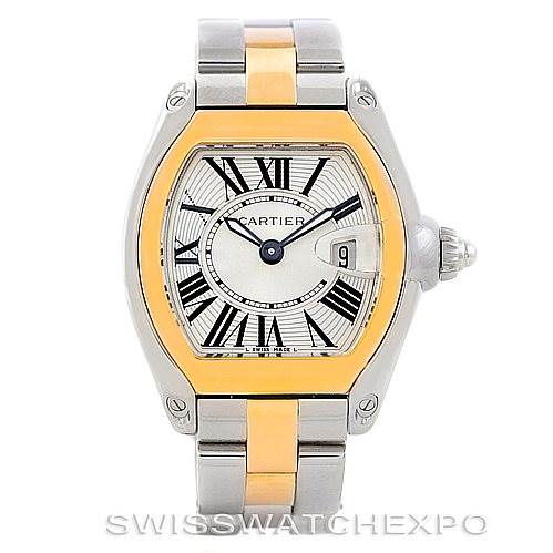 The image shows a full frontal view of a Cartier Roadster W62026Y4 Women's Steel and Gold (two tone) Silver Dial W62026Y4 Women's Steel and Gold (two tone) Silver Dial watch, featuring its face, bezel, and bracelet.