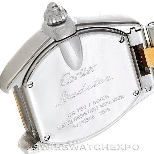 The image shows the back case and crown of the Roadster model by Cartier, highlighting its details and inscriptions.