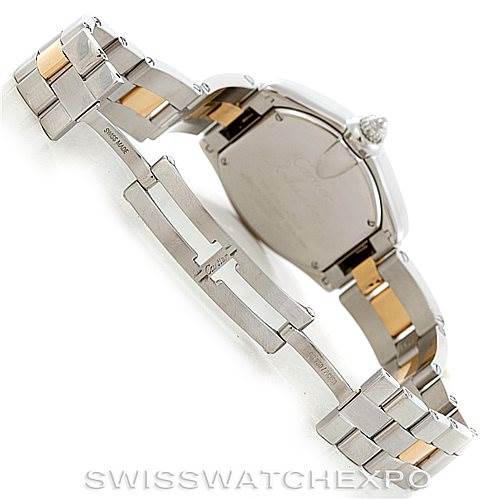 The image shows the back case and clasp of the Cartier Roadster W62026Y4 Women's Steel and Gold (two tone) Silver Dial W62026Y4 Women's Steel and Gold (two tone) Silver Dial watch, highlighting the stainless steel and gold details.