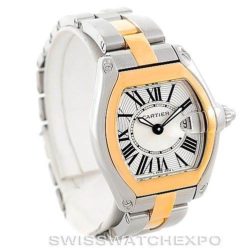 The image shows a Cartier Roadster W62026Y4 Women's Steel and Gold (two tone) Silver Dial W62026Y4 Women's Steel and Gold (two tone) Silver Dial watch at a three-quarter angle, highlighting its dial, bezel, and two-tone metal bracelet.