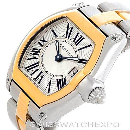 This image shows a close-up angled view of a Cartier Roadster W62026Y4 Women's Steel and Gold (two tone) Silver Dial W62026Y4 Women's Steel and Gold (two tone) Silver Dial watch, highlighting the dial, bezel, crown, and part of the bracelet.