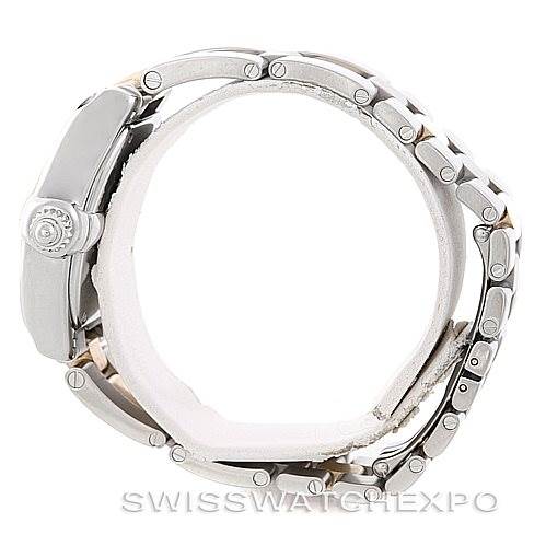 This image shows the side profile of a Cartier Roadster W62026Y4 Women's Steel and Gold (two tone) Silver Dial W62026Y4 Women's Steel and Gold (two tone) Silver Dial watch, highlighting its crown and part of the stainless steel bracelet.