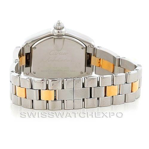 The image shows the back view of the Cartier Roadster W62026Y4 Women's Steel and Gold (two tone) Silver Dial W62026Y4 Women's Steel and Gold (two tone) Silver Dial watch, highlighting the case back and the two-tone bracelet.
