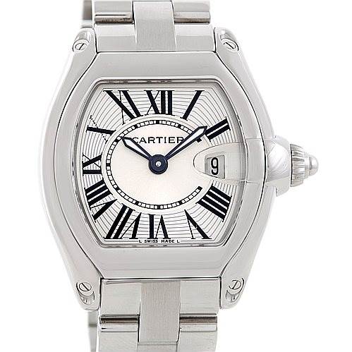 This image shows a front view of the Cartier Roadster W62016V3 Women's Stainless Steel Silver Dial W62016V3 Women's Stainless Steel Silver Dial watch, highlighting its dial, case, and part of the bracelet.