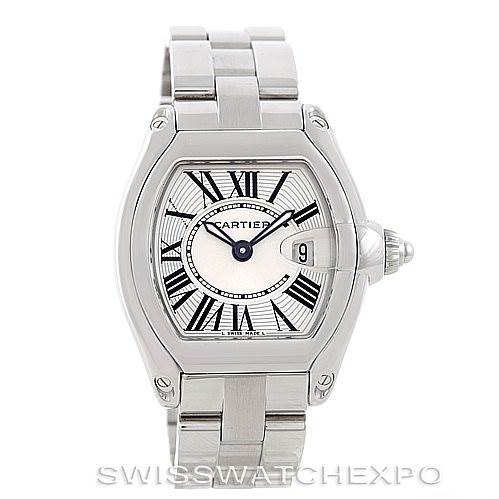 The image shows a Cartier Roadster W62016V3 Women's Stainless Steel Silver Dial W62016V3 Women's Stainless Steel Silver Dial watch from a front angle, displaying its dial, bezel, and metal bracelet.