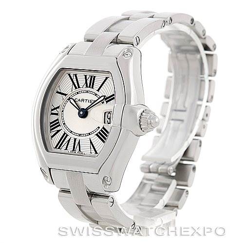 The image shows a Cartier Roadster W62016V3 Women's Stainless Steel Silver Dial W62016V3 Women's Stainless Steel Silver Dial watch at a three-quarter angle, highlighting the face, band, and crown.