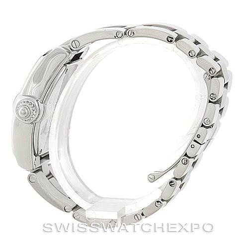 A side view of a Cartier Roadster W62016V3 Women's Stainless Steel Silver Dial W62016V3 Women's Stainless Steel Silver Dial watch showcasing its bracelet and crown.