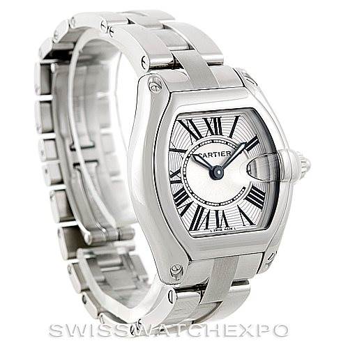 The image shows a Cartier Roadster W62016V3 Women's Stainless Steel Silver Dial W62016V3 Women's Stainless Steel Silver Dial watch at a three-quarter angle, highlighting the face, bracelet, and side profile.