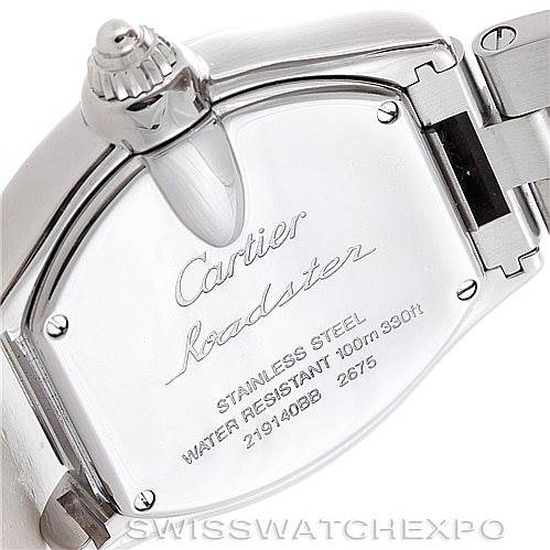 The image shows the case back and clasp of a Cartier Roadster W62016V3 Women's Stainless Steel Silver Dial W62016V3 Women's Stainless Steel Silver Dial watch with engraved details.