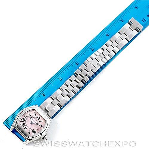 The image shows the full length of a Cartier Roadster W62017V3 Women's Stainless Steel Pink Dial W62017V3 Women's Stainless Steel Pink Dial watch with a ruler alongside for scale.