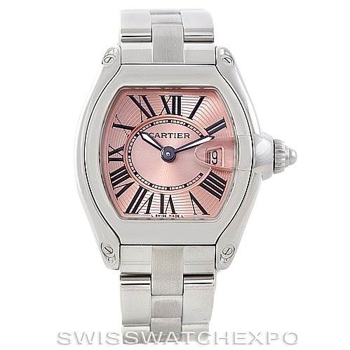 The image shows a Cartier Roadster W62017V3 Women's Stainless Steel Pink Dial W62017V3 Women's Stainless Steel Pink Dial watch from a front angle, highlighting its dial, bezel, and part of the bracelet.