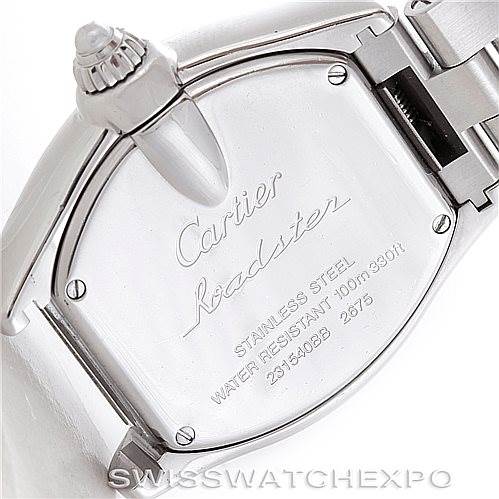 The image shows the back case and part of the bracelet of a Cartier Roadster W62017V3 Women's Stainless Steel Pink Dial W62017V3 Women's Stainless Steel Pink Dial watch, highlighting the engraved details.