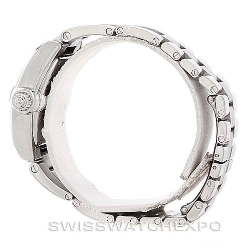 The image shows a Cartier Roadster W62017V3 Women's Stainless Steel Pink Dial W62017V3 Women's Stainless Steel Pink Dial watch from a side angle, primarily displaying the crown, case, and bracelet.