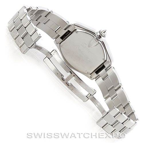 This image shows a Cartier Roadster W62017V3 Women's Stainless Steel Pink Dial W62017V3 Women's Stainless Steel Pink Dial watch viewed from the back, displaying its stainless steel bracelet and clasp.