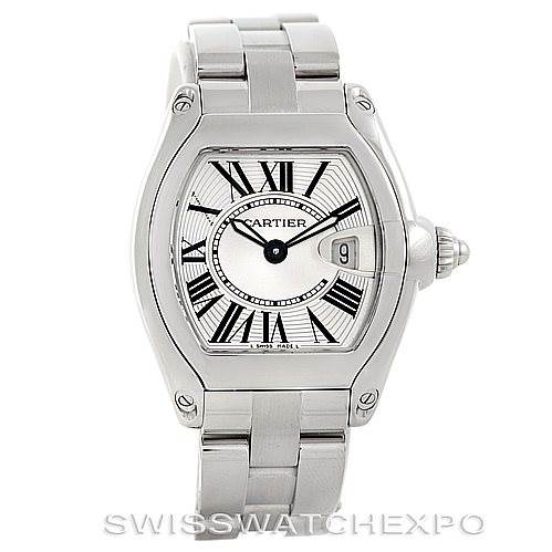This image shows a front view of the Cartier Roadster W62016V3 Women's Stainless Steel Silver Dial W62016V3 Women's Stainless Steel Silver Dial watch, highlighting the dial, bezel, and bracelet.