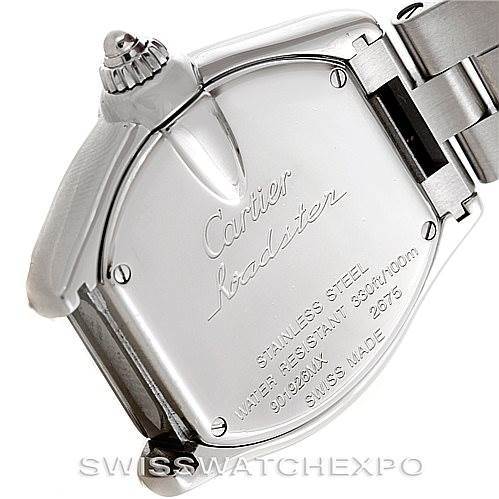 The image shows the back of a Cartier Roadster W62016V3 Women's Stainless Steel Silver Dial W62016V3 Women's Stainless Steel Silver Dial watch, including the case, crown, and part of the bracelet.