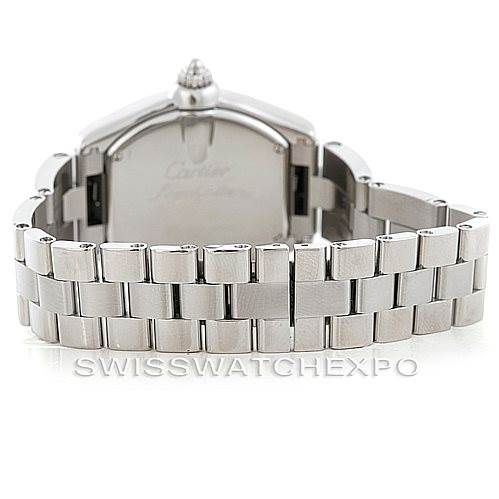 The image shows the back view of a Cartier Roadster W62016V3 Women's Stainless Steel Silver Dial W62016V3 Women's Stainless Steel Silver Dial watch, highlighting its stainless steel bracelet and clasp.