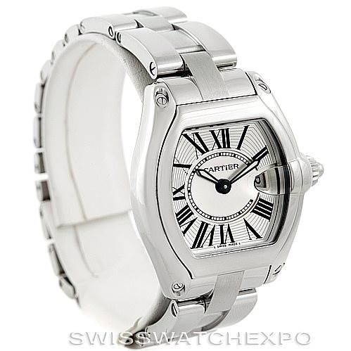 This image shows the Cartier Roadster W62016V3 Women's Stainless Steel Silver Dial W62016V3 Women's Stainless Steel Silver Dial watch at an angle highlighting the face, bezel, and bracelet.