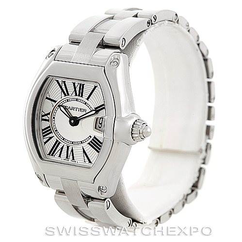 The image shows a Cartier Roadster W62016V3 Women's Stainless Steel Silver Dial W62016V3 Women's Stainless Steel Silver Dial watch from a front angle, highlighting the face, bracelet, and side crown.