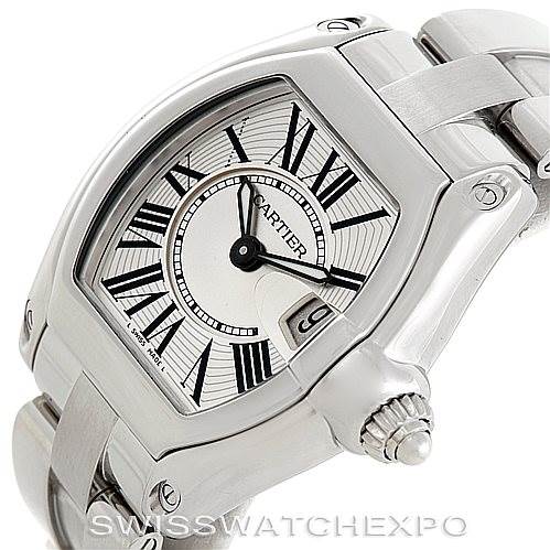 The image shows a Cartier Roadster W62016V3 Women's Stainless Steel Silver Dial W62016V3 Women's Stainless Steel Silver Dial watch from an angled view highlighting its dial, case, and part of its bracelet.