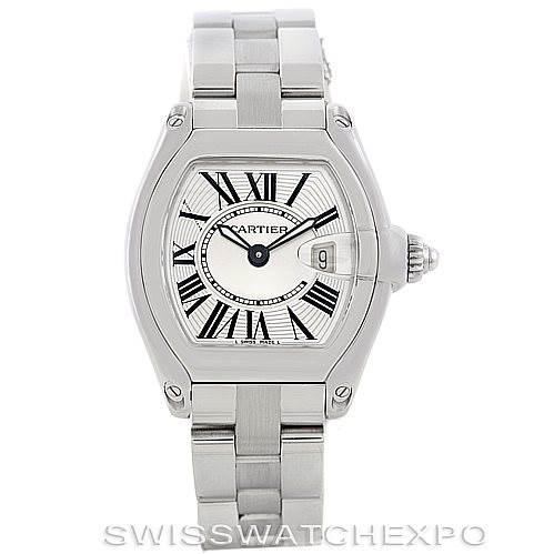 The image shows a front view of a Cartier Roadster W62016V3 Women's Stainless Steel Silver Dial W62016V3 Women's Stainless Steel Silver Dial watch, displaying its face, dial, and bracelet.
