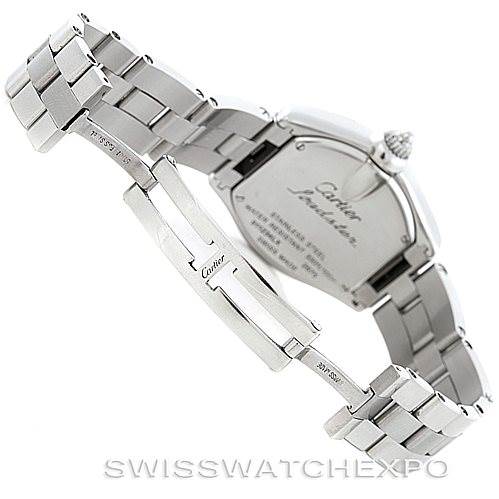 This photo shows the back view of a Cartier Roadster W62016V3 Women's Stainless Steel Silver Dial W62016V3 Women's Stainless Steel Silver Dial watch, focusing on the stainless steel bracelet and clasp.