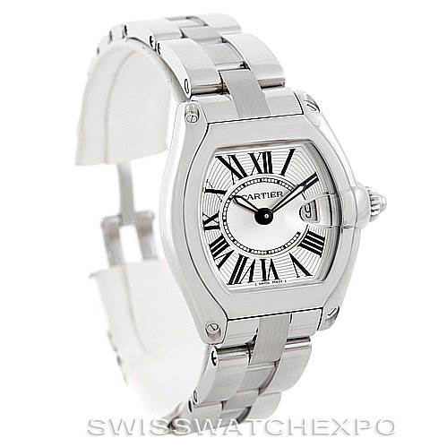The Cartier Roadster W62016V3 Women's Stainless Steel Silver Dial W62016V3 Women's Stainless Steel Silver Dial watch is shown at an angled side view, displaying the dial, bracelet, and crown.