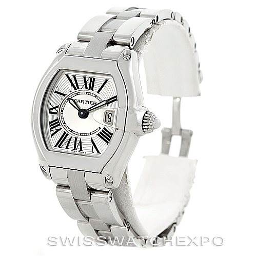 This image shows a Cartier Roadster W62016V3 Women's Stainless Steel Silver Dial W62016V3 Women's Stainless Steel Silver Dial watch from an angled side view, highlighting its face, bezel, and stainless steel bracelet.