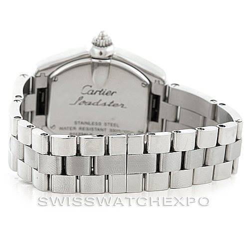 The image shows the back view of a Cartier Roadster W62016V3 Women's Stainless Steel Silver Dial W62016V3 Women's Stainless Steel Silver Dial watch featuring its stainless steel case and bracelet.