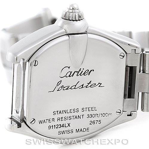 The image shows the back case of a Cartier Roadster W62016V3 Women's Stainless Steel Silver Dial W62016V3 Women's Stainless Steel Silver Dial watch, displaying engraving details and the watch's metal band.
