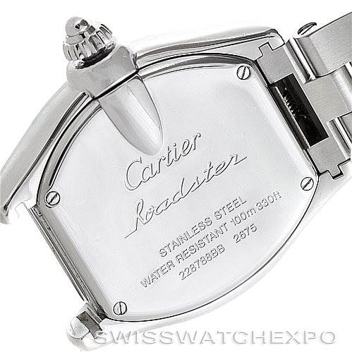 The image shows the back case of a Cartier Roadster W62016V3 Women's Stainless Steel Silver Dial W62016V3 Women's Stainless Steel Silver Dial watch, specifically highlighting the engraving, case shape, and part of the bracelet.