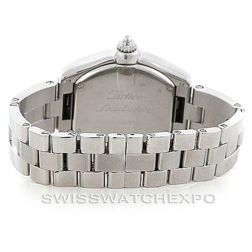 The image shows the back view of a Cartier Roadster W62016V3 Women's Stainless Steel Silver Dial W62016V3 Women's Stainless Steel Silver Dial watch, focusing on the case back and bracelet.