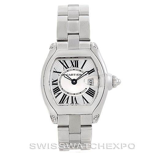 This image shows a front view of the dial and bracelet of a Cartier Roadster W62016V3 Women's Stainless Steel Silver Dial W62016V3 Women's Stainless Steel Silver Dial watch.